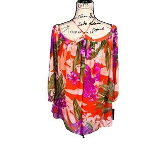 INC International Floral Blouse Halter Off Shoulder Sz Large Tropical Heat